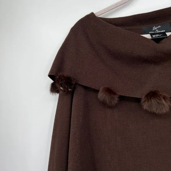 Lemmie for Nina Leonard Brown Knit Pom Pom Off Shoulder Sweater Sz 1X - Picture 4 of 8